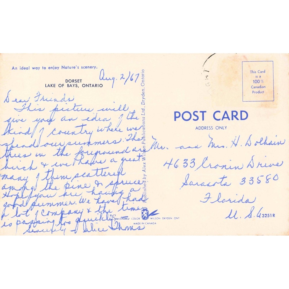 Vtg Dorset Lake of Bays Ontario Postcard Red Canoe 1967 Alex Wilson Pub 3251R - Picture 2 of 2